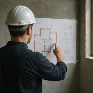 Specialist în construcții cu cască de protecție indicând planul de arhitectură afișat pe perete, cu trasajul structurii marcat cu roșu